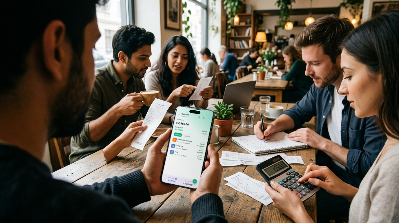 Friends splitting expenses over coffee during a group trip to Miami