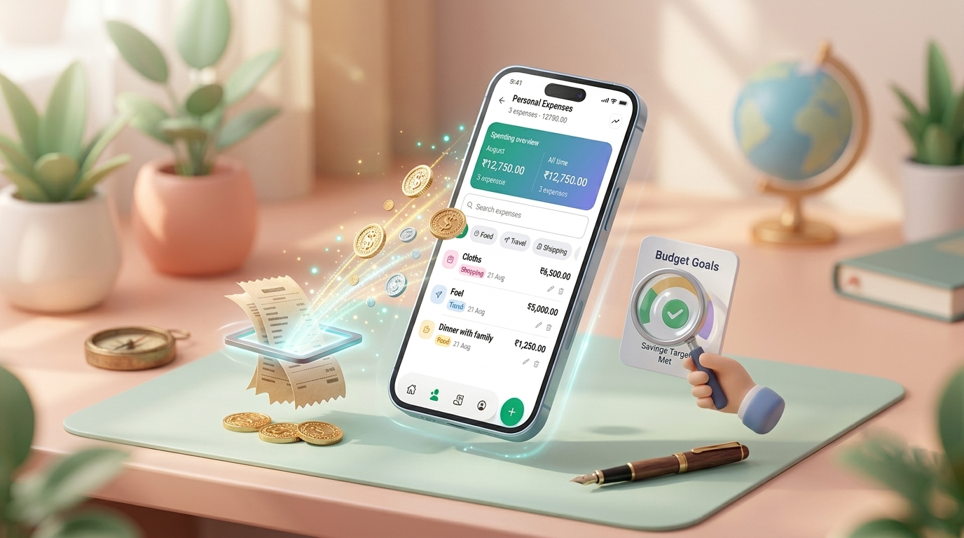 Illustration of a phone showing the FareWeave Personal Expenses screen on a desk